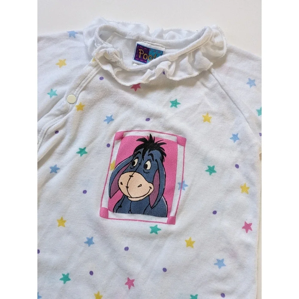 Vintage 90s Disney Pooh Eeyore Star Print Footed Sleeper One Piece White 6 Month